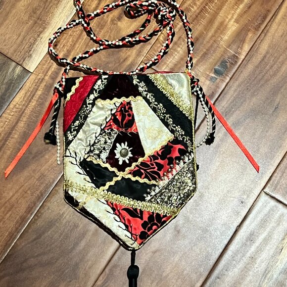 Red Crazy Quilted One of a Kind Evening Bag or Bohemian Crossbody Bag - Picture 2 of 4